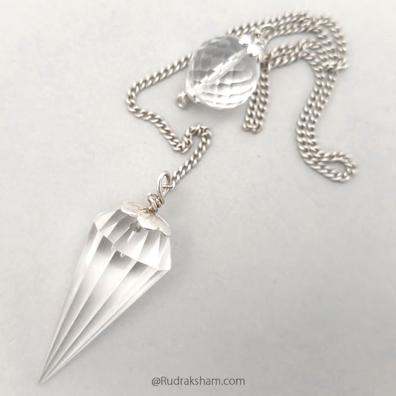 Sphatik Pendulum with Silver Chain | Crystal Quartz Dowsing Pendulum | Crystal - Quartz faceted Pendulum With Silver Cap and Chain