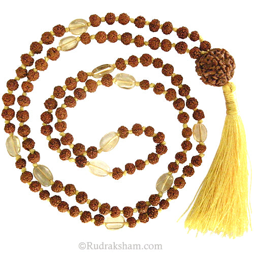 Rudraksha Beads - Golden Topaz Gemstone Beads Combination Mala Rosary Hand knotted in Thread With 5 Mukhi Rudraksha